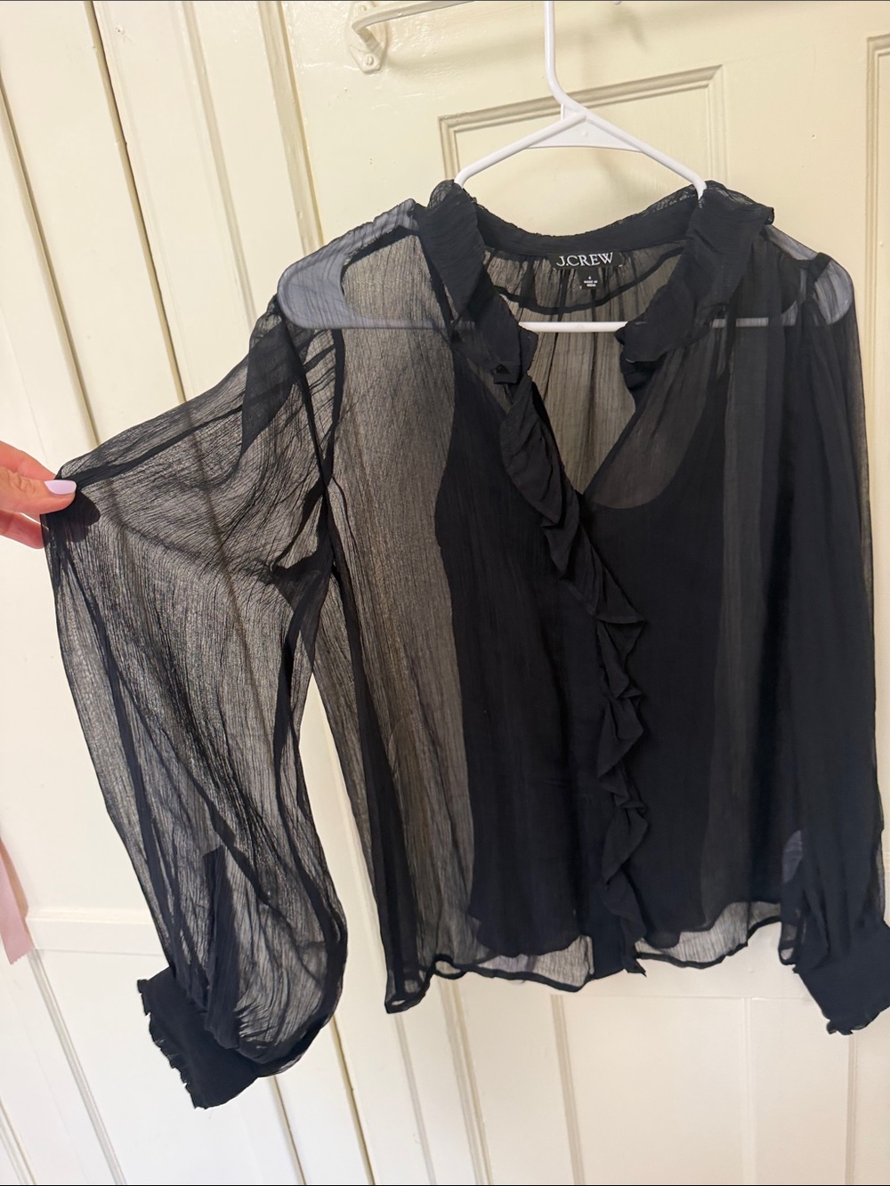 J. Crew Black Sheer Ruffle-Front Long Sleeve Blouse